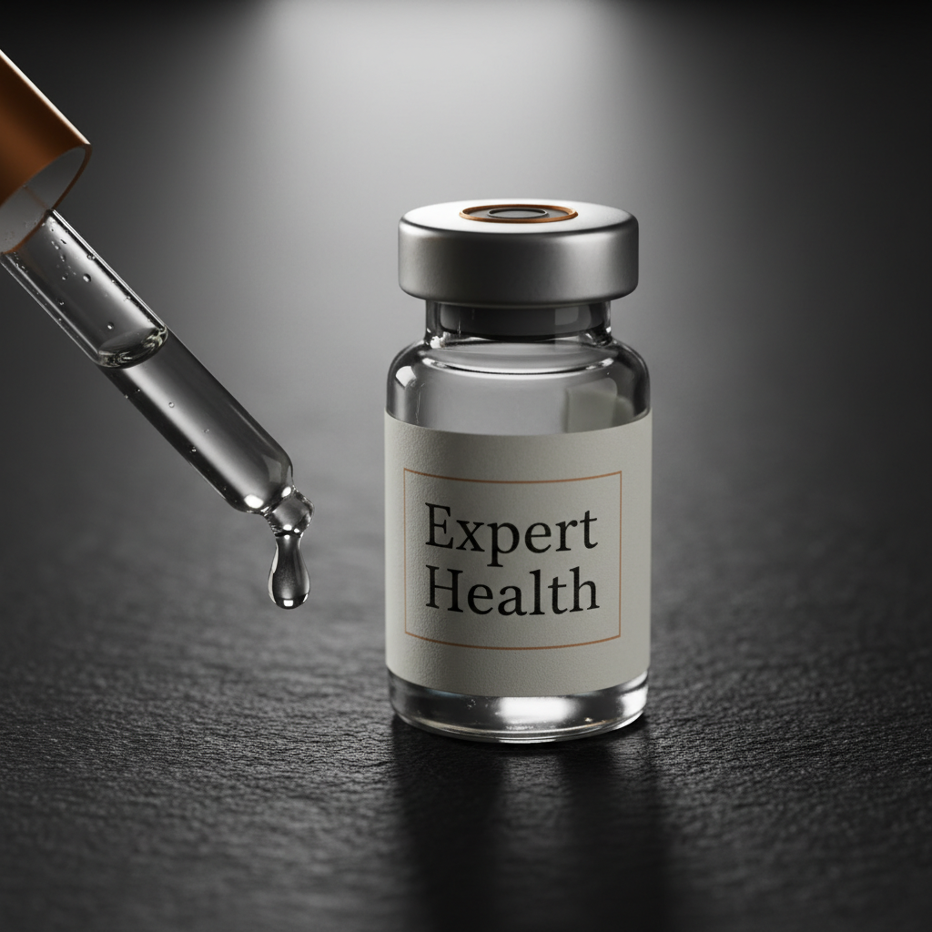 Macro of an Expert Health vial and dropper on a dark surface